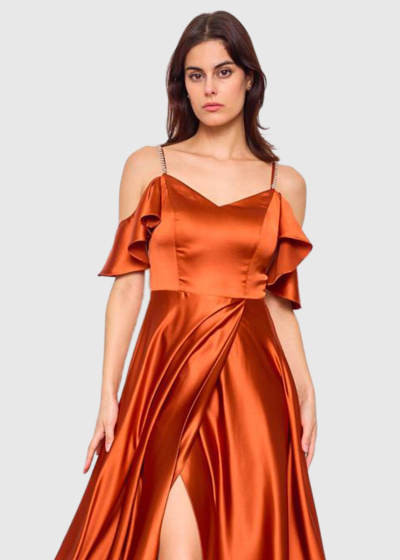 Aamina orange long off-shoulder evening dress