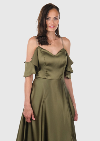 Aamina khaki long off-shoulder evening dress