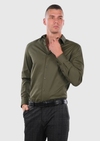 Slim Fit haki krekls ar garām piedurknēm 