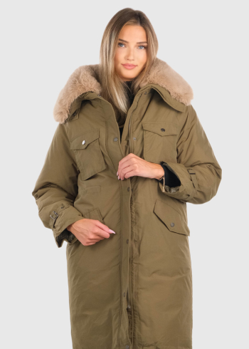 Gulsen haki sieviešu parka ar kargo tipa kabatām