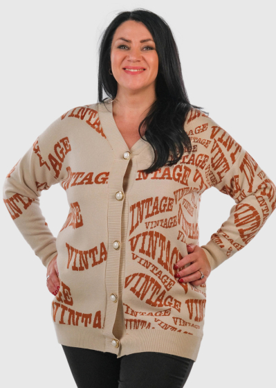 Lale Plus Size beige cardigan with signs