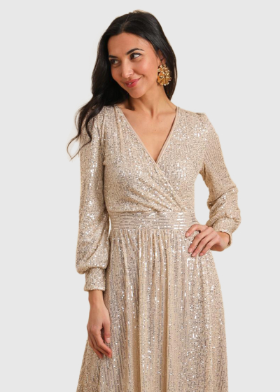 Alzira beige long sparkle evening dress