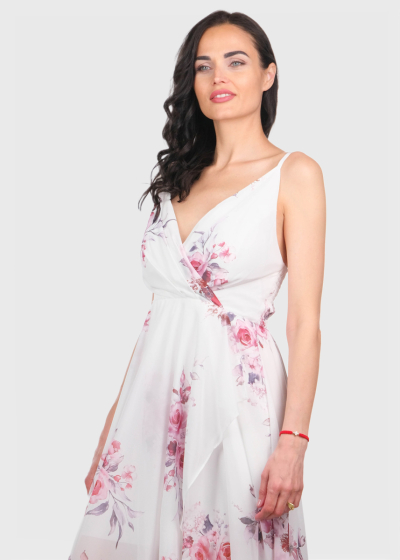 Elvita white long evening dress in floral print