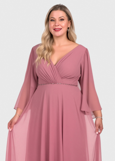 Gilat Plus Size pink long sleeve evening dress