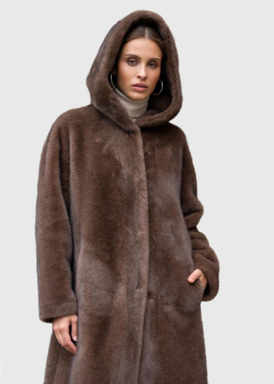 Lada brown faux fur coat with hood