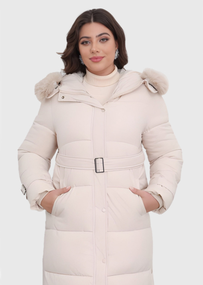 Darina светло-бежевая длинная куртка Большого Размера с поясом