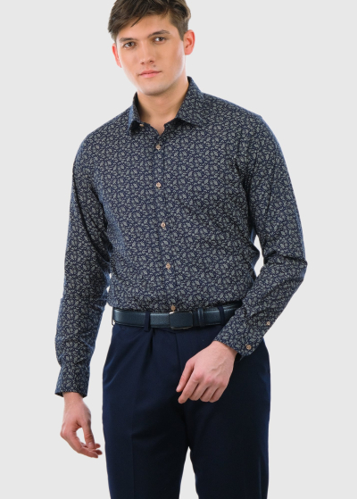 Slim Fit темно-синяя мужская рубашка с узором