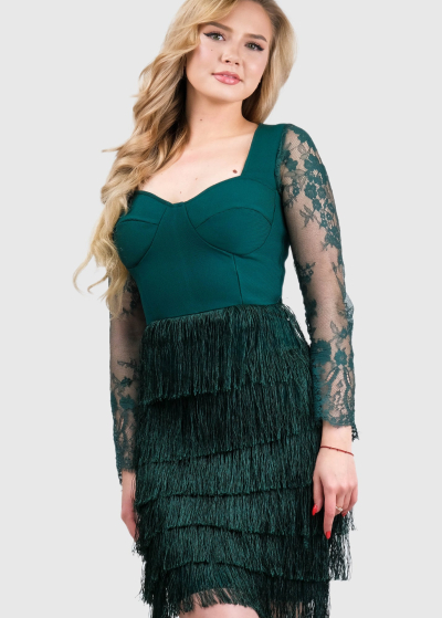 Laura dark green evening fringed dress