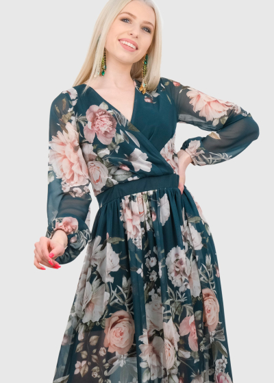 Rachel dark green floral printed evening dress
