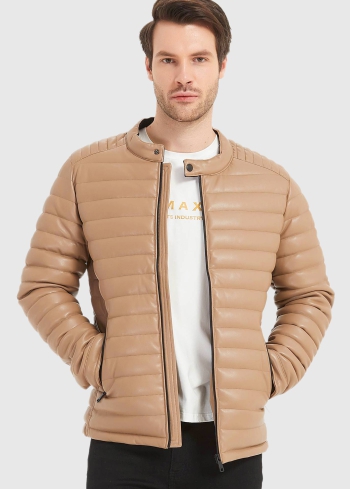 Beige men's quilted faux leather jacket