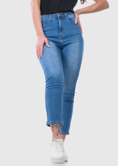 Bice Slim Fit zili sieviešu džinsi ar augstu jostasvietu